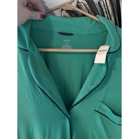 NWT Aerie Long Sleeve Pajama Top Green Navy Piping Button Down Shirt Women's L - Picture 2 of 5